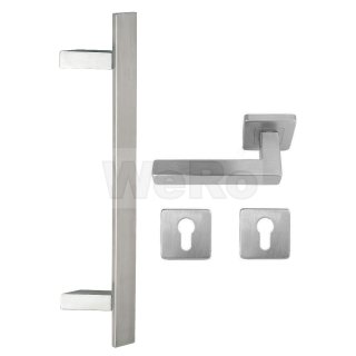 Edelstahl Haustür Beschlag- Flachgriff- Set auf  quadratischen Rosetten 841Z  Maß L: 1600/ Lochabstand B:1400mm
