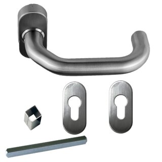 Edelstahl Haustür Griff Dreiviertelgarnitur auf Ovalrosette U-Form abgeschrägt 12610